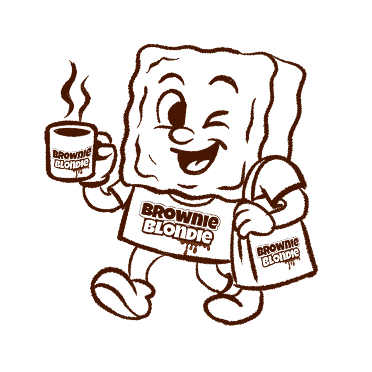 Brownie character with coffee and bag