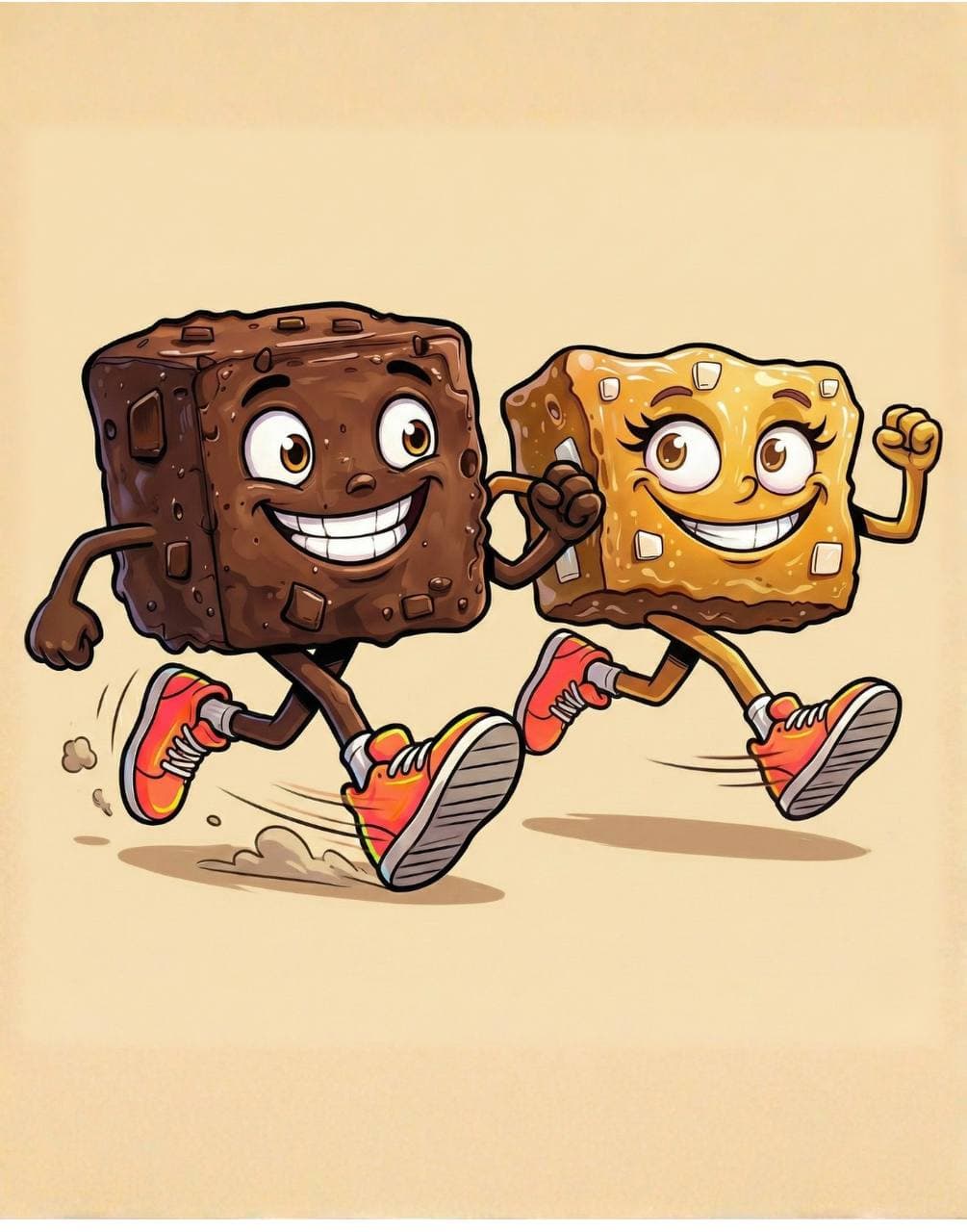 Cartoon brownie and blondie characters running side by side in bright sneakers for the Miles for Brownies run club campaign