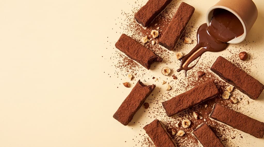 Chocolate-dipped brownie sticks dusted with cocoa powder and hazelnuts